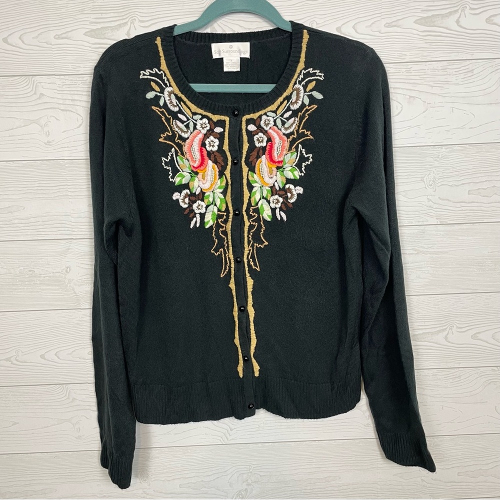 Soft Surroundings Black Floral Embroidered Knit Cardigan Size Large